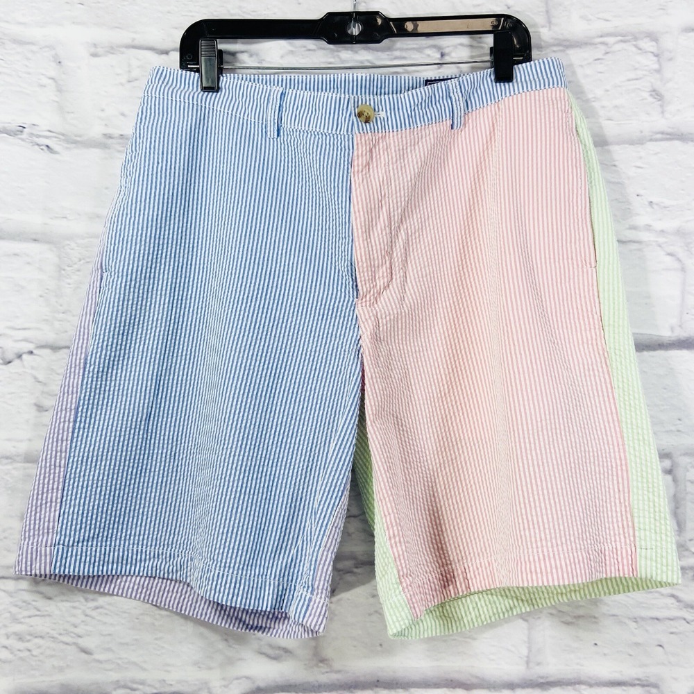 Vineyard Vines By Shep & Ian Shorts Mens 35 Blue Pink Seersucker Colorblock‎
